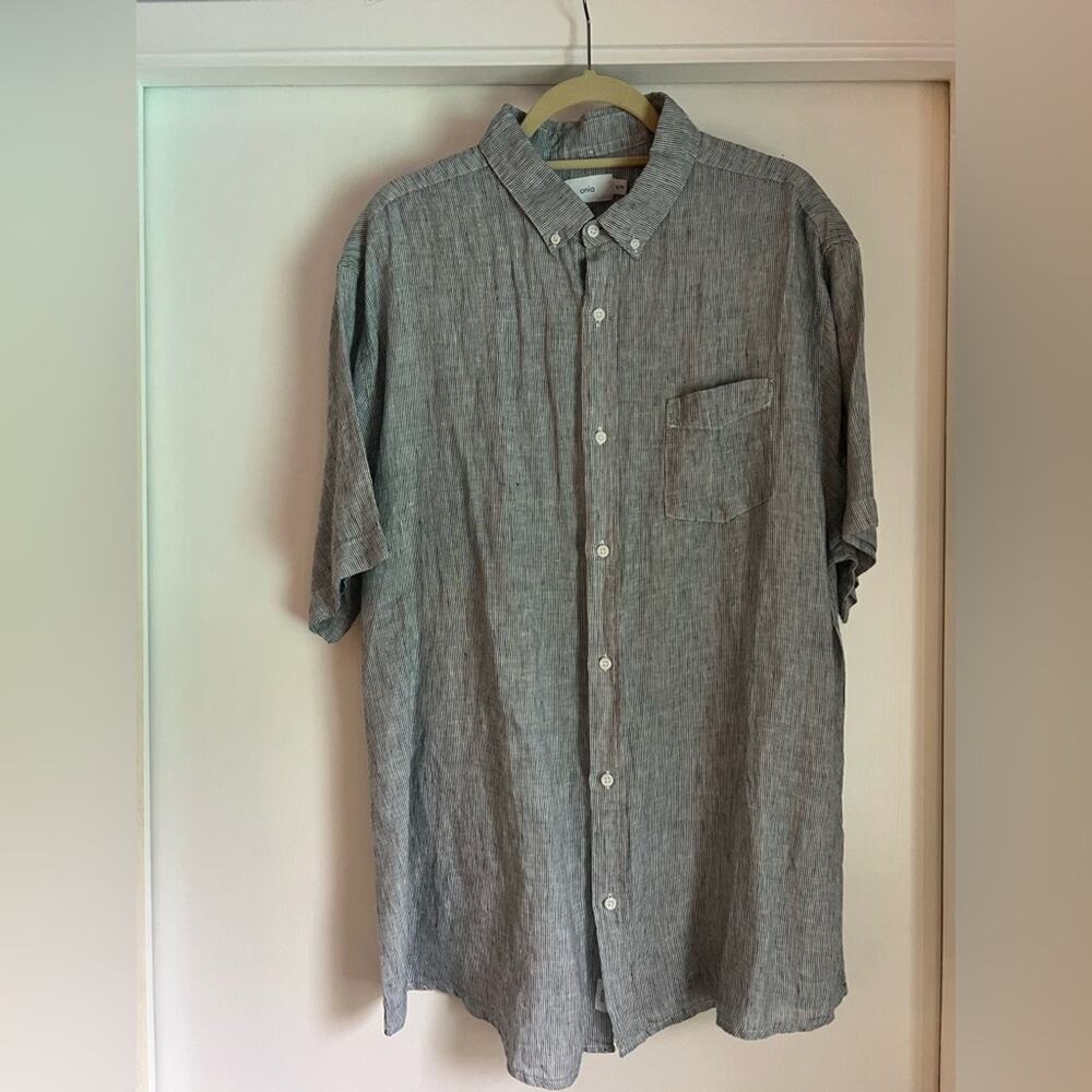 Onia Mens XL Linen Shirt Blue & Black Striped Button Up Classic Unworn